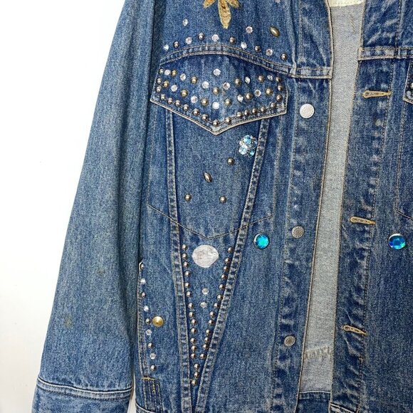 Vintage Freego Womens Denim Jacket Blue Size Medium Embellished Button Cotton - Picture 13 of 16